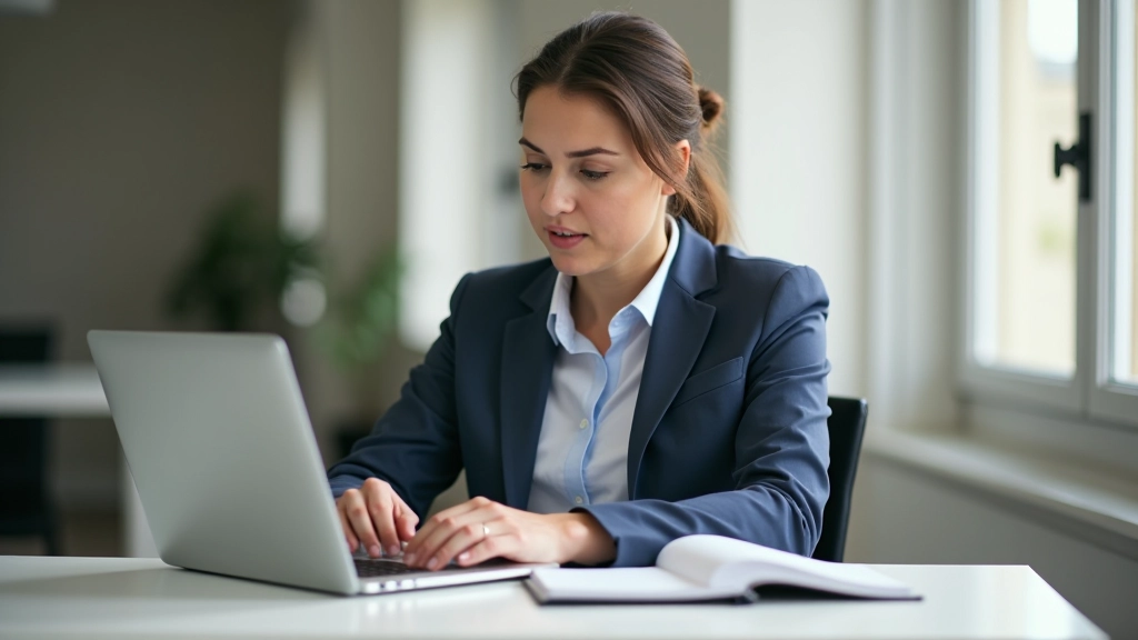 Osoba pracująca na laptopie z notatkami i planem na biurku