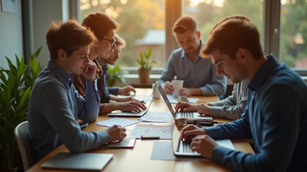 Zespół pracujący nad notesem z aplikacją produktywności